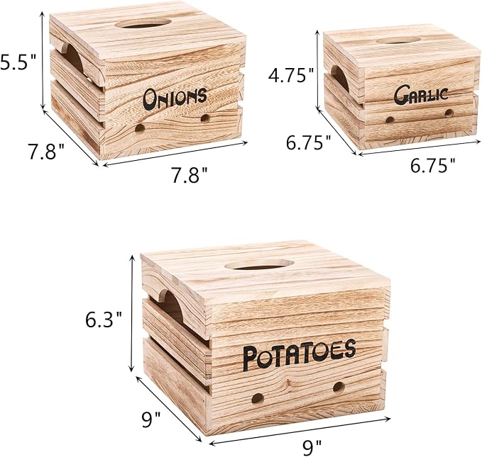 Frcctre 3 Pack Vegetable Storage Bins, Farmhouse Potato Onion Garlic Kitchen Storage Canisters Set, Wooden Stackable Vegetable Keeper with Lid and Aerating Holes for for Pantry Organization