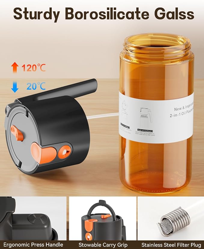 Olive Oil Sprayer & Dispenser for Cooking, 17oz Dark Glass Oil Mister, 2PC | 2-in-1 Sprayer & Pourer, Fine mist, Leakproof, Light-Blocking, Wide Mouth for Easy Refill & Clean, 8 Oil Labels, Reusable