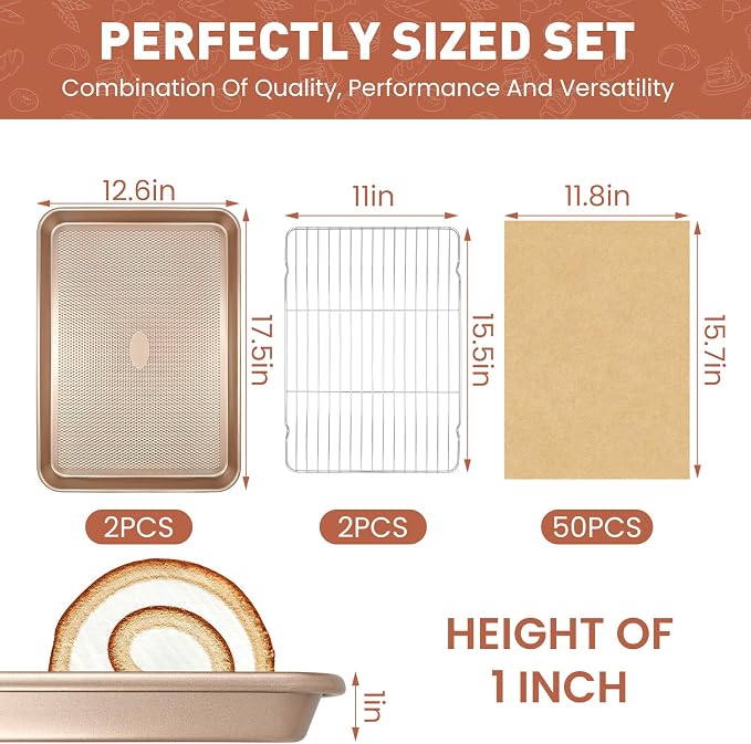 2 Pack Baking Sheets with 2 Wire Racks & 50 Pre-Cut Parchment Papers | Heavy Duty Nonstick Cookie Pans (17.5"x11.8") | Warp-Resistant Oven Roasting Set for Meal Prep & Holiday Gifts