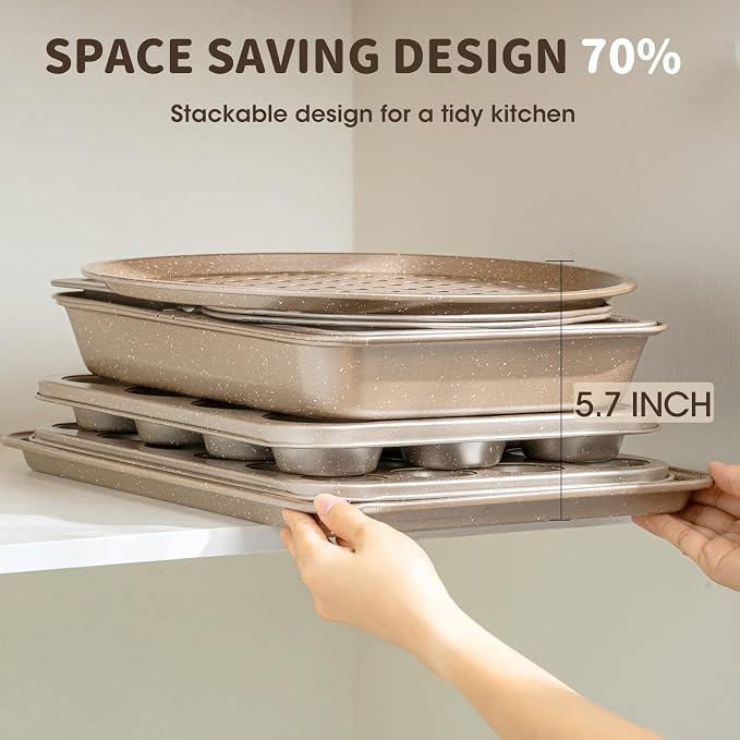 Terlulu 10-Piece Baking Pans Set, Bakeware Sets Nonstick, Baking Set for Oven Cooking, Stackable Carbon Steel Pans Include Cookie Sheets, Muffin Pan, Cake Pan, Pizza Pan, Loaf Pan, Roasting Pan, Gold