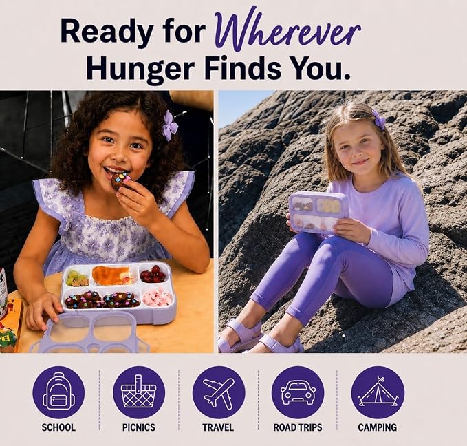 Bento Lunch-Box and Snack Container Set for Kids, 6 and 3 Compartment Boxes Leakproof School Bentos Meal Portion Control Containers BPA Free, Boys Girls Adults, Purple Lilac Large + MINI 2 Pack