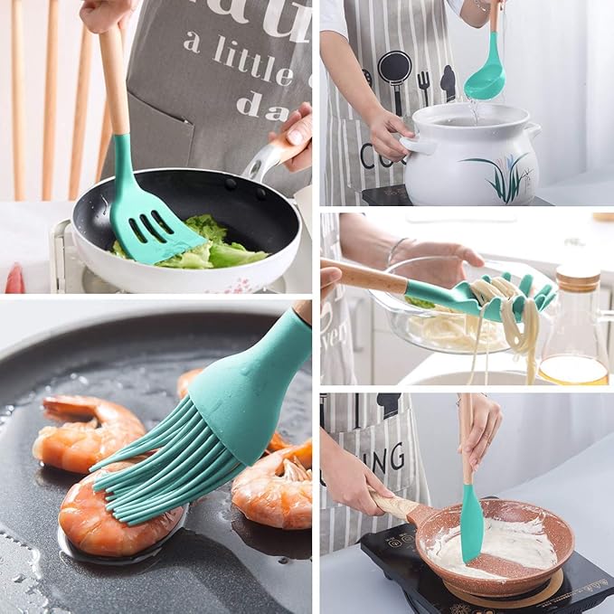 MIBOTE Silicone Cooking Kitchen Utensils Set, Wooden Handle, Teal | BPA-Free, Non-Toxic Silicone Turner, Tongs, Spatula, Spoon Set – Great for Nonstick Cookware, Heat-Resistant, Easy Clean