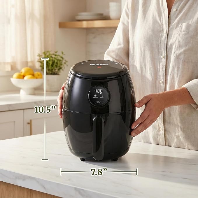 Elite Gourmet EAF2612D Personal Programmable Air Fryer, 1000W, 2.1Qt, Black | Compact Space-Saving Design, Oil-Less Healthy Cooker, Timer & Temperature Controls