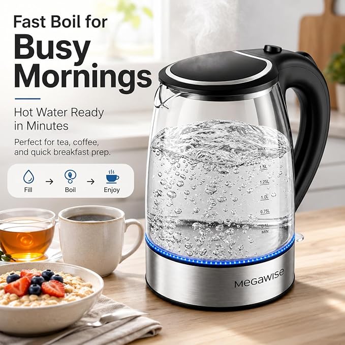 MEGAWISE Electric Kettle 1.8L, High Power Fast Boiling Hot Water Boiler, Auto Shut-Off, BPA-Free Food-Grade Material, Tea Kettle for Kitchen Home Office Coffee Tea
