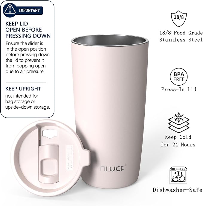 TILUCK 20 oz Insulated Coffee Tumbler with BPA-Free Lid | Travel Coffee Mug, Dishwasher Safe, Cup Holder Friendly, Double-Wall Vacuum Insulation for Hot & Cold Drinks, MatteSakuraPink
