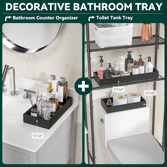 Lixple Bamboo Drawer Organizer, Extra Large Silverware Organizer for Kitchen Drawer, Stackable Utensil Organizer, 2 Pcs Toilet Tank Topper Tray, Wooden Toilet Paper Basket (Black, 17 X 6 X 2 Inch)