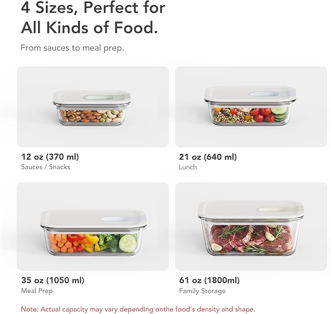 4 Pack 129 oz Glass Meal Prep ContainersGlass Food Storage Containers with One-Hand Slide LidBorosilicate Airtight Portion Control Containers, MicrowaveOven Freezer Safe, BPA Free