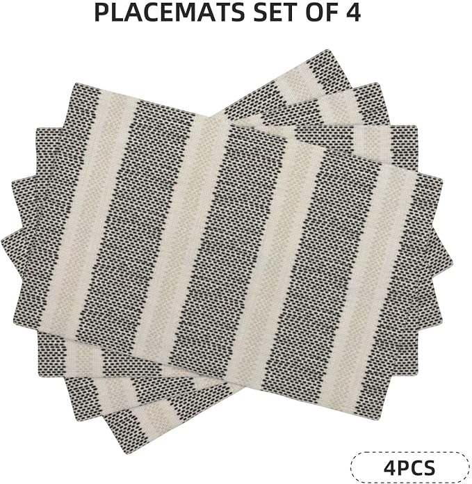 Black Polka Dot Placemats Set of 4, Boho Striped Decorative Table Mat 12 x 18 Inch Heat Resistant Non Slip Line Fabric Modern Geometry Place mat for Holiday Party Kitchen Dining Decor
