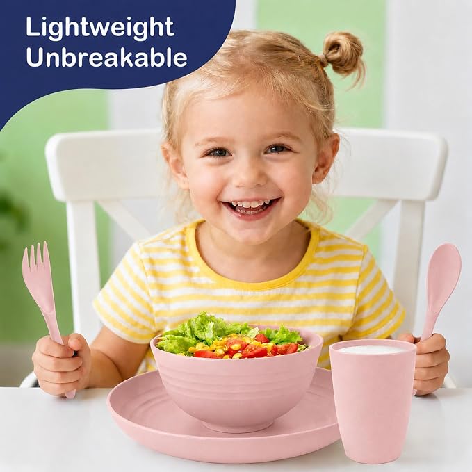 Wheat Straw Dinnerware Sets for 4, 20 Piece Unbreakable Kids Dinnerware Set, Toddler Plates and Bowls Sets, Kitchen Plates and Bowls Set, Lightweight Dish Set for Travel Camping Party - Muted Pink