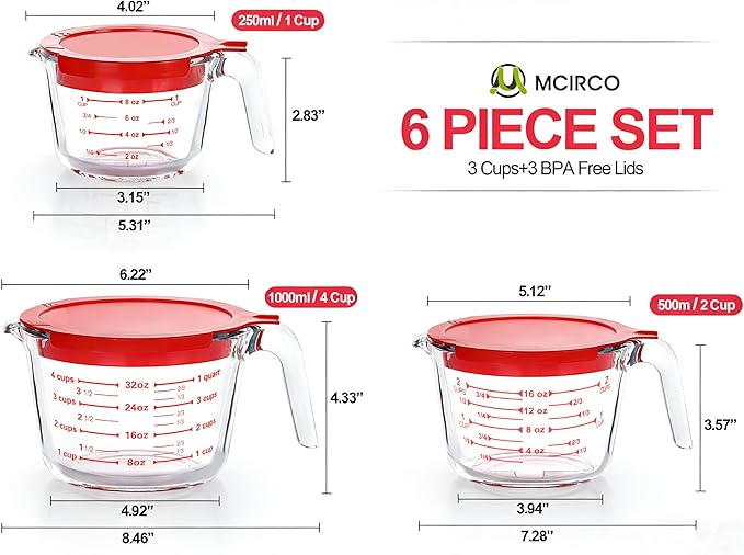 M MCIRCO 6 Pcs Glass Measuring Cups with Lids Set, 1 Cup, 2 Cup, 4 Cup | Measuring Jugs with Handle, Nesting Liquid Measuring Cups for Kitchen, Microwave, Oven, Freezer, Dishwasher, BPA Free