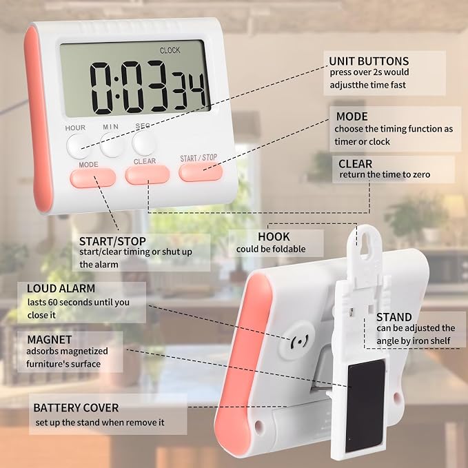 Mudder 3 Pack Digital Kitchen Timer for Cooking, Large Digits, 24 Hour Magnetic Backing Stand Kitchen Timers Clock for Classroom Kids Teachers, Loud Alarm and Large Screen (Pink)