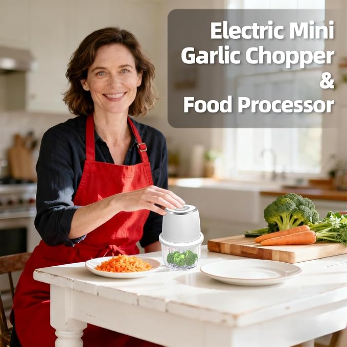 Electric Garlic Chopper With Glass Bowl Cordless Mini Food Processor（White） | BPA-Free Glass Bowl 6-Blade Cutting Cordless & USB Rechargeabl Garlic Chopper Mini Chopper for Onion Herb Nut Easy to Clean