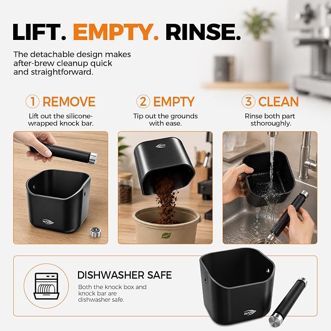 IKAPE Espresso Knock Box for Coffee Grounds, 1.5L Large Capacity Coffee Knock Box with Quiet Knock Bar, Detachable & Dishwasher Safe, Non-Slip Base for Home Espresso Bar