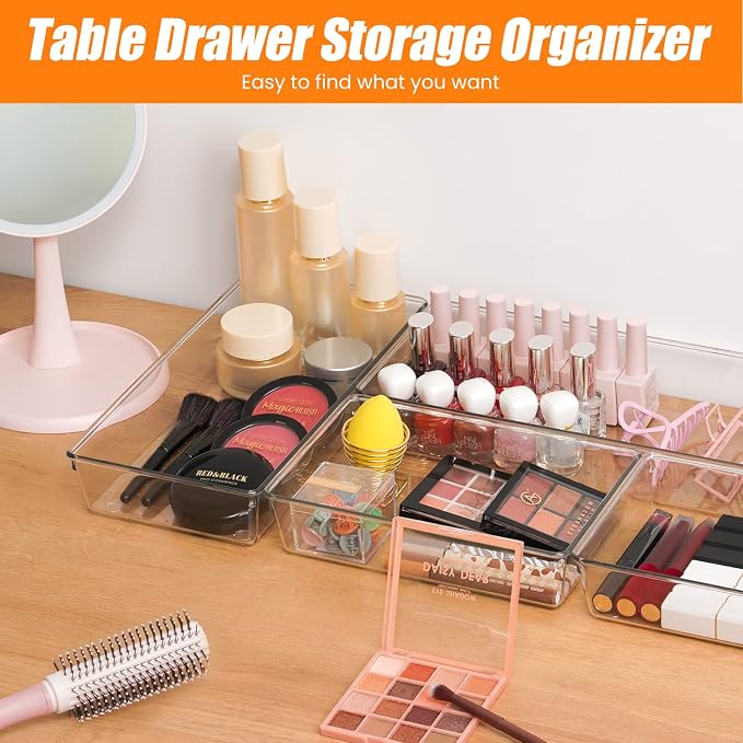 18 Pcs Large Size Clear Drawer Organizer Set, Acrylic Non Slip Non Cracking Kitchen Drawer Storage Tray Divider, Multifunctional Storage for Cosmetics, Bathroom, Tools, Kitchen and Office