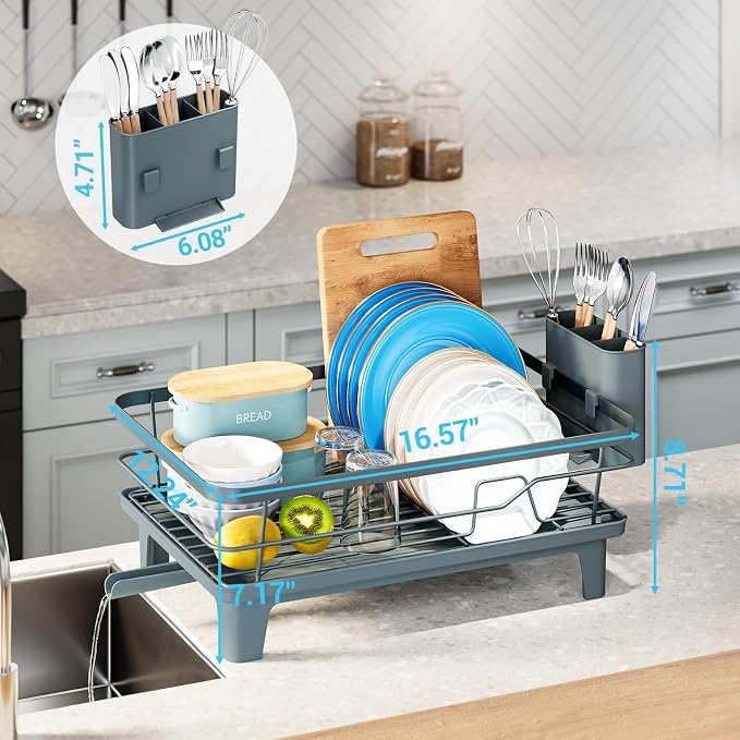 Urakify Dish Drying Rack for Kitchen Counter, 16.5" L x 12.2" W, Blue | Large Dish Drainer with Cutlery Holder, Sink Dish Rack with Drainboard for plate dish silverware, Space Saving