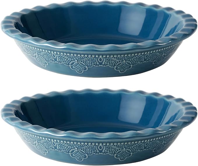Pie Pan, 9 Inch Ceramic Pie Dish, Deep Dish Pie Pan with Lace Emboss, Ruffled Pie Plate for Baking, Thanksgiving Christmas Gifts, Set of 2, Blue