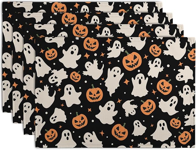 Halloween Placemats Set of 4 12x18 Inch Cute Ghost Pumpkin Table Mats Orange and Black Spooky Rustic Farmhouse Place Mat for Party Kitchen Dining Fall Decor