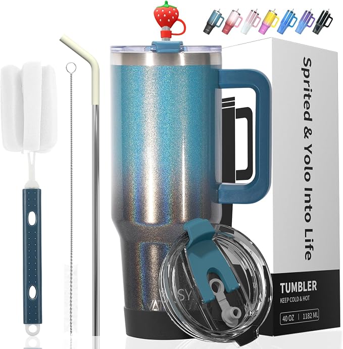 30 oz Shiny Tumbler with Handle and Straw,Stainless Steel Tumbler with Lid and Straw,Insulated Travel Mug(Cold for 34 Hours),Water Bottle for Iced Tea,Coffee (Black Blue)