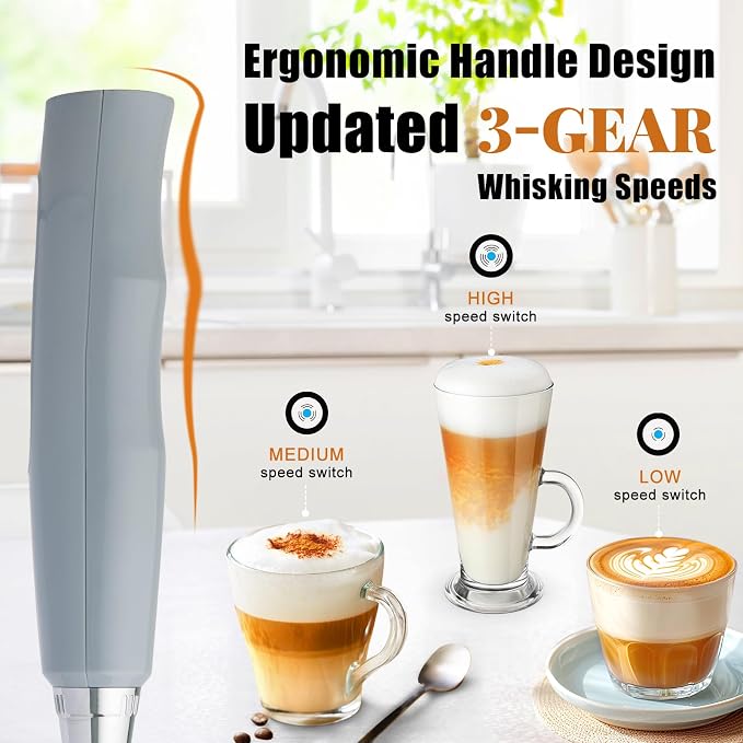 Nahida Cement Gray Milk Frother Wand for Coffee, Frother Handheld Rechargeable Electric Whisk with 3 Heads 3 Speeds Drink Mixer Coffee Frother Foam Maker For Latte, Cappuccino, Hot Chocolate, Egg
