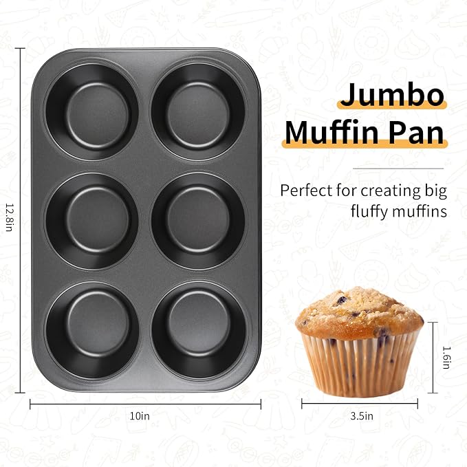 Jumbo Muffin Pan 2-Pack 6-Cups Cupcake Pan, Premium Large Muffin Tin for Baking, Non-Stick and Thickened Carbon Steel Jumbo Cupcake