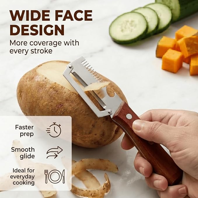 2.5mm Stainless Steel peeler with Wooden Handle - Shredding Knife or vegetables - Elite Multifunction vegetable & fruit Peeler knife - y-peeler for vegetables, Food Prep & Garnishing (2pcs)