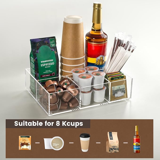 BEYGORM Acrylic Coffee Bar Station Organizer for Countertop | Office Breakroom Clear Snack Tea Storage Accessories Holder for Kcup Pod Condiment Cup Creamer Syrup, Gift for Coffee Lovers