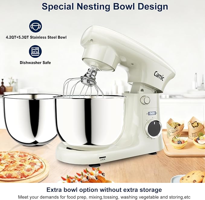Camic Stand Mixer, 4.2QT+5.3QT Two bowls Electric Food Mixer, 10 Speeds with Digital setting 3-IN-1 Kitchen Mixer for Baking Cakes Cookie Bread Salad with Egg Whisk,Dough Hook,Flat Beater