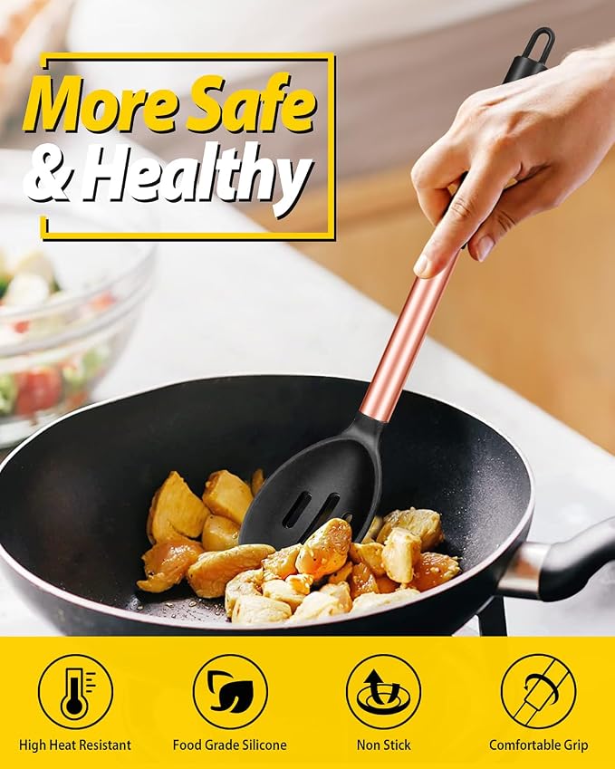 BUNDLEPRO Silicone Cooking Spoons for Non Stick Cookware, 2 Pack | Rose Gold Black, Heat Resistant, Large Kitchen Spoons for Mixing, Serving, Draining, Stirring