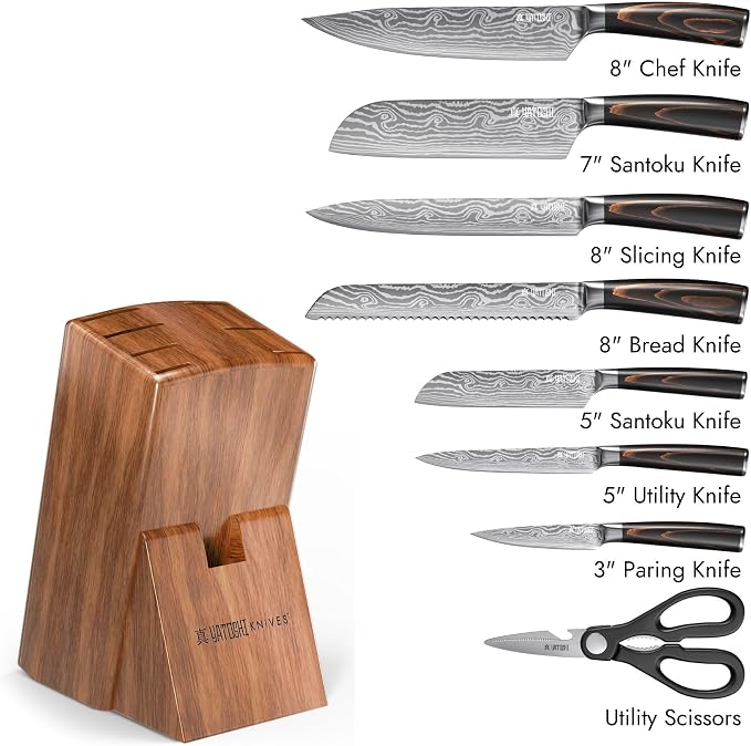 Yatoshi 9 Piece Block Set Classic- Pro Kitchen Knife Set Ultra Sharp High Carbon Steel with Ergonomic Handle