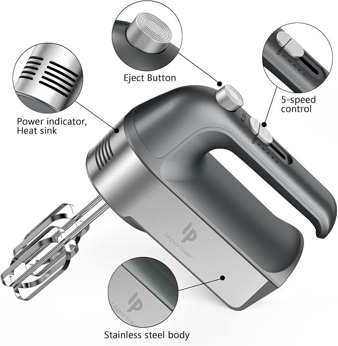 Hand Mixer Electric, 450W Kitchen Mixers with Scale Cup Storage Case, Turbo Boost/Self-Control Speed + 5 Speed + Eject Button + 5 Stainless Steel Accessories, For Easy Whipping Dough, Cream, Gray