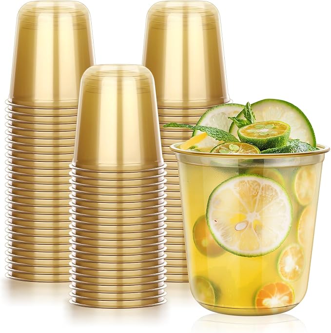 KesaPlan 50Pcs 12oz Gold Plastic Party Cups, Disposable Wine Cocktail Cups | Cute Crystal Wine Stemless Glasses, Round Bottom PET Cold Drink Cups for Graduation Wedding Birthday New Year Meeting Party
