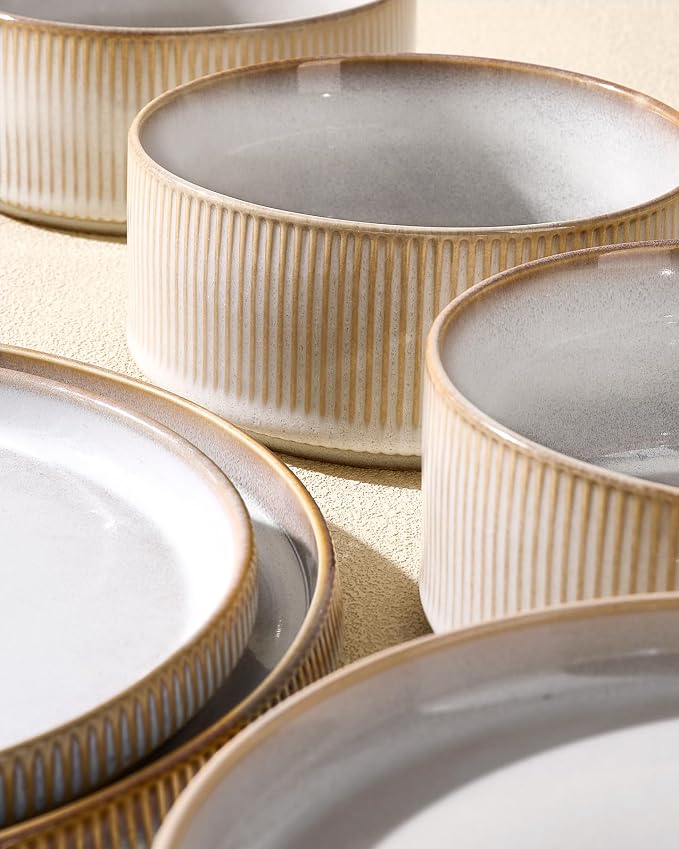 Ceramic Dinnerware Sets for 4, 8-Piece Flat Dinner Plates and Salad Plates | Famiware Premium Stoneware Dishes, Chip & Scratch Resistant, Microwave & Dishwasher Safe, Everyday Dining, Cappuccino White