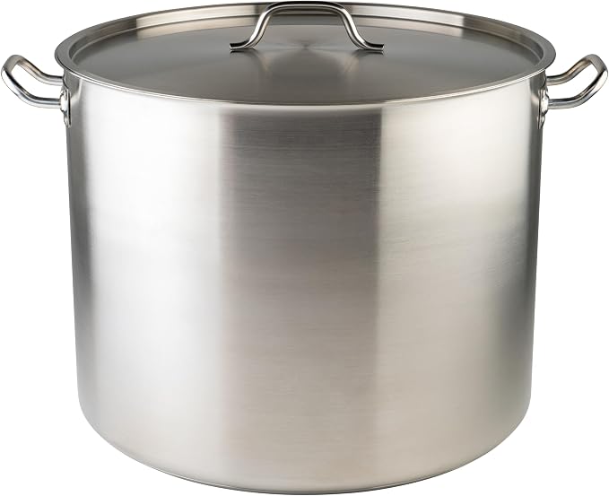 Winco Silver 80 qt Stainless Steel Stock Pot with Cover | Dishwasher safe, Heavy-duty, Tri-ply heating, Riveted handles, Great for Stocks, Soups, Pasta and Batch Cooking