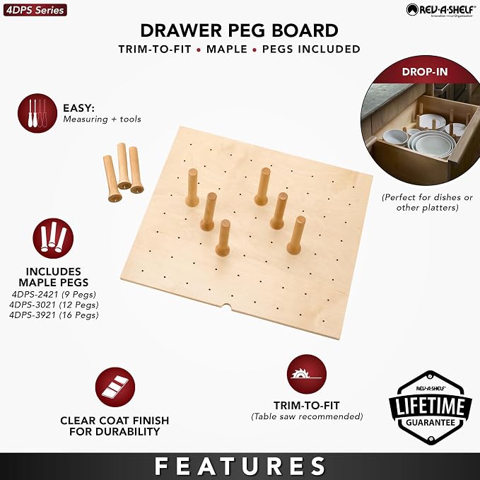 Rev-A-Shelf Trimmable Pegboard Drawer Divider Organizer | Trim to Custom Fit Wooden Kitchen Cabinet Storage Utensil, Pots & Dish Rack, 30 x 21, 4DPS-3021