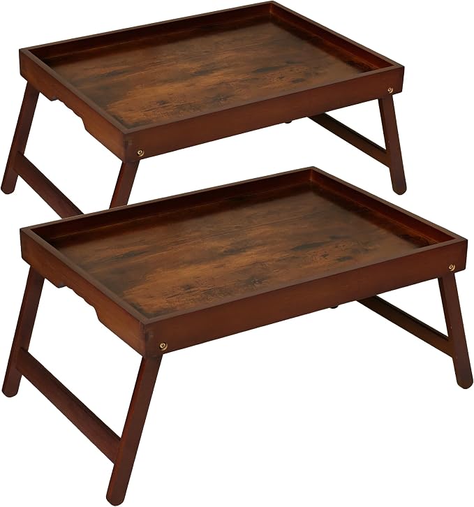 Bamboo Breakfast Trays with Folding Legs, Medium, 2-Pack, Vintage | Set of 2 bamboo bed trays with folding legs and wave handles for meals, laptops and serving in bed or on sofa.