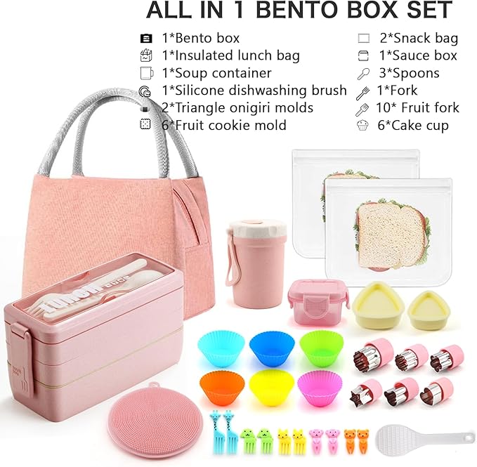 35Pcs Bento Box Japanese Lunch Box Kit Leakproof Lunchbox, Pink | Wheat straw 3 layer stackable lunch container with compartments and lunch bag for kids adults teens meal prep school office