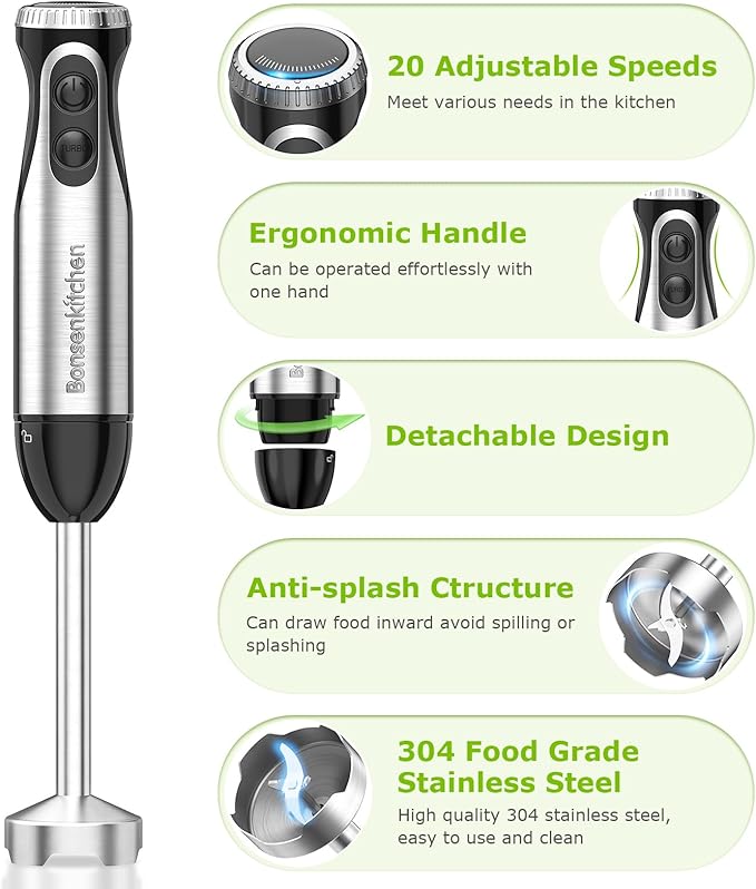 Bonsenkitchen 2-in-1 Immersion Handheld Blender with 20 Speeds & Turbo Mode | 500W Hand Blender, Egg Whisk, 304 Stainless Steel Blade, Portable Hand Mixer for Smoothie, Soup, Baby Food