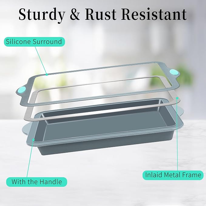 Silicone Baking Pans Set, 4 Pieces Nonstick Bakeware Set with Baking Pans, Baking Sheets, Cookie Sheets, Cake Pan with Metal Reinforced Frame More Strength, Light Grey