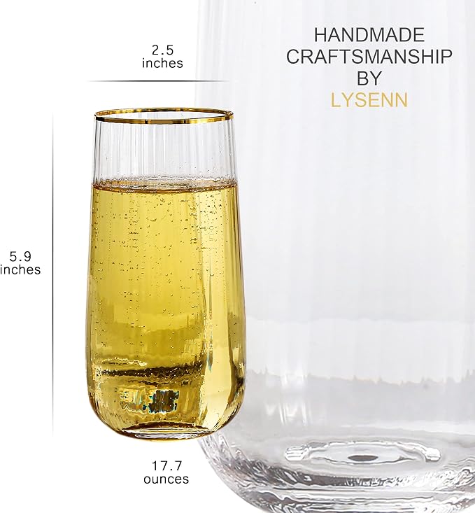 Lysenn Stemless Wine Glasses Set of 4 - Premium Hand Blown Drinking Glasses for Bubbly Wine & Champagne - Elegant Vertical Stripe and Gold Rim Champagne Flutes – Clear 17oz | Ultra Clear, Premium Quality, Large 17oz Capacity for Sparkling Wine and Bubb...