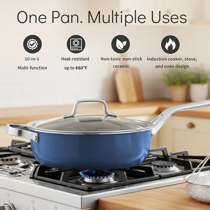 10-in-1 Blue Ceramic Nonstick Deep Saute Pan Set With Steamer & Lid, 4QT | PFAS-free frying pan.non-toxic. Induction ready. Oven safe to 480°F. Cool-touch handle. Dishwasher safe. Perfect for RVs!