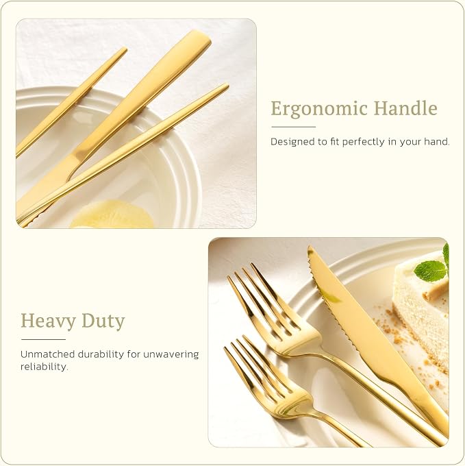 Astercook 24-Piece Gold Silverware Set with Steak Knives Flatware Set for 4 Food-Grade Stainless Steel Cutlery Set Mirror Polished Utensils Set Include Spoons and Forks for Home Kitchen Restaurant