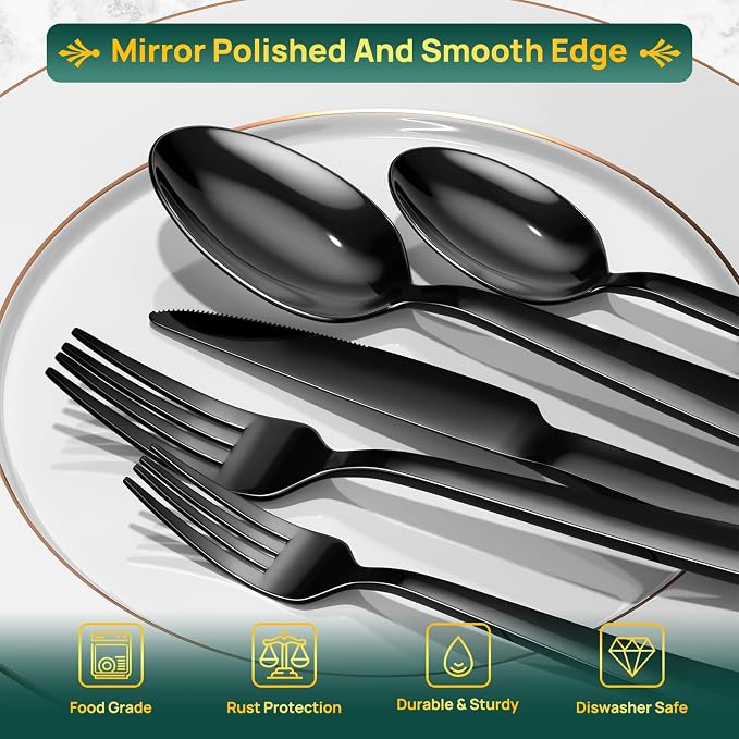 Yoehka 40 Pieces Black Silverware Set, Stainless Steel Flatware Set for 8 | Heavy Duty, Mirror Polished, Includes Knife/Spoon/Fork, For Home, Restaurant, Hotel, Dishwasher Safe