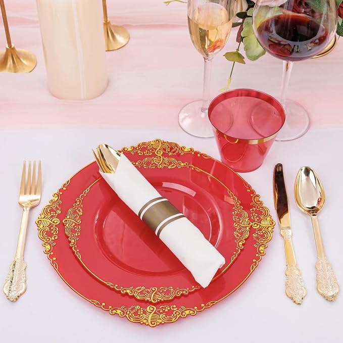 Nervure 175Pcs Red Plastic Plates, Disposable Party Plates for 25 Guests | 25 7.5" Dessert & 25 10.25" Dinner Plastic Plates, 75 Gold Cutlery, 25 9oz Cups, 25 Napkin for Wedding & Party, Heavy-duty