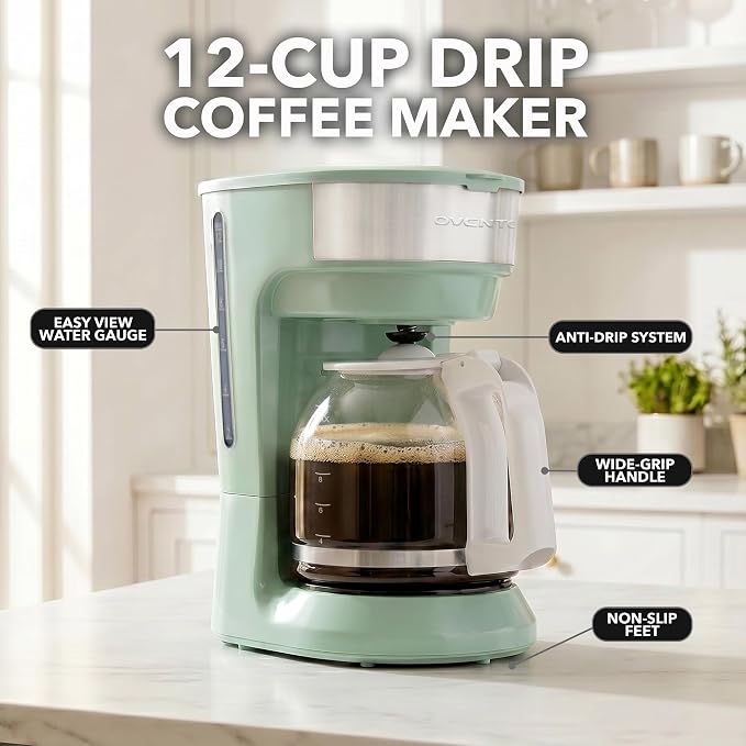 OVENTE 12-Cup Drip Coffee Maker with Easy On/Off Switch, Teal CM412LBL | Anti-Drip System, Heat-Resistant Borosilicate Glass Carafe, Reusable Filter, Water Level Indicator, Ideal for Home or Office
