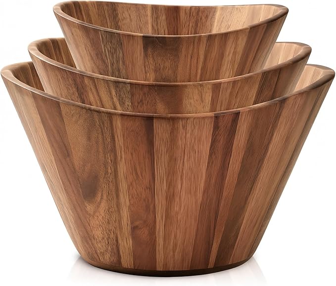 Wooden Salad Bowl Set of 3, Wavy Wood Bowls for Serving | Large, Medium & Small – Handmade, Durable & Stylish Natural Dining Accessory