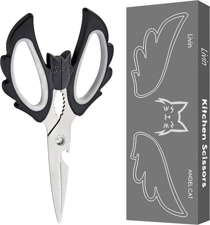 Livin Aesthetic Angel Wings & Cat Kitchen Scissors - Ambidextrous Large Grip Handle Shears for Right & Left Handed - Ergonomic Comfortable Food Scissors for Kitchen, Office & Crafting