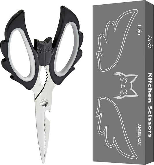 Livin Aesthetic Angel Wings & Cat Kitchen Scissors - Ambidextrous Large Grip Handle Shears for Right & Left Handed - Ergonomic Comfortable Food Scissors for Kitchen, Office & Crafting