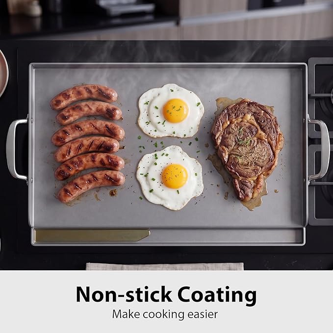 Utheer Cast Iron Griddle for Gas Grill, 25 x 16 Inch Flat Top Plate | Large cooking surface with removable handles, ideal for burgers, steaks, vegetables, camping and tailgating