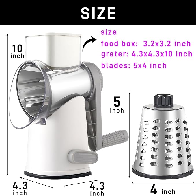 Weltonhm 4 in 1 Large Cheese Grater Hand Crank (White Grey 4 Graters) | Cheese Shredder Rotary and Slicer with 4 Stainless Steel Blades for Vegetables, Veggie and Cheese, Stronger Suction Base