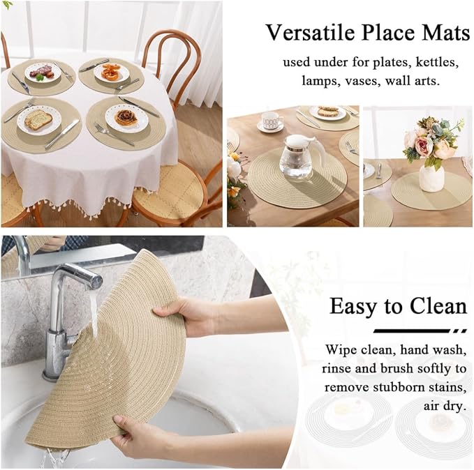 SHACOS 15 inch Round Braided Placemats Set of 6 Cotton Polyester Heat Resistant Table Mats Washable Place Mats for Dinner Party Table Decoration (Light Beige, 6)